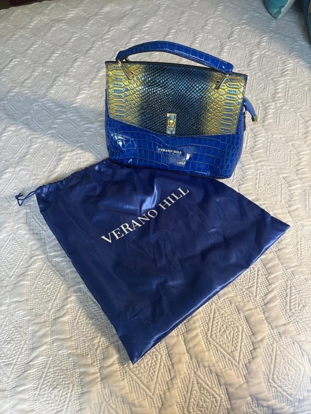 Verano Hill Blue Croc-Embossed Satchel with Gold Accent